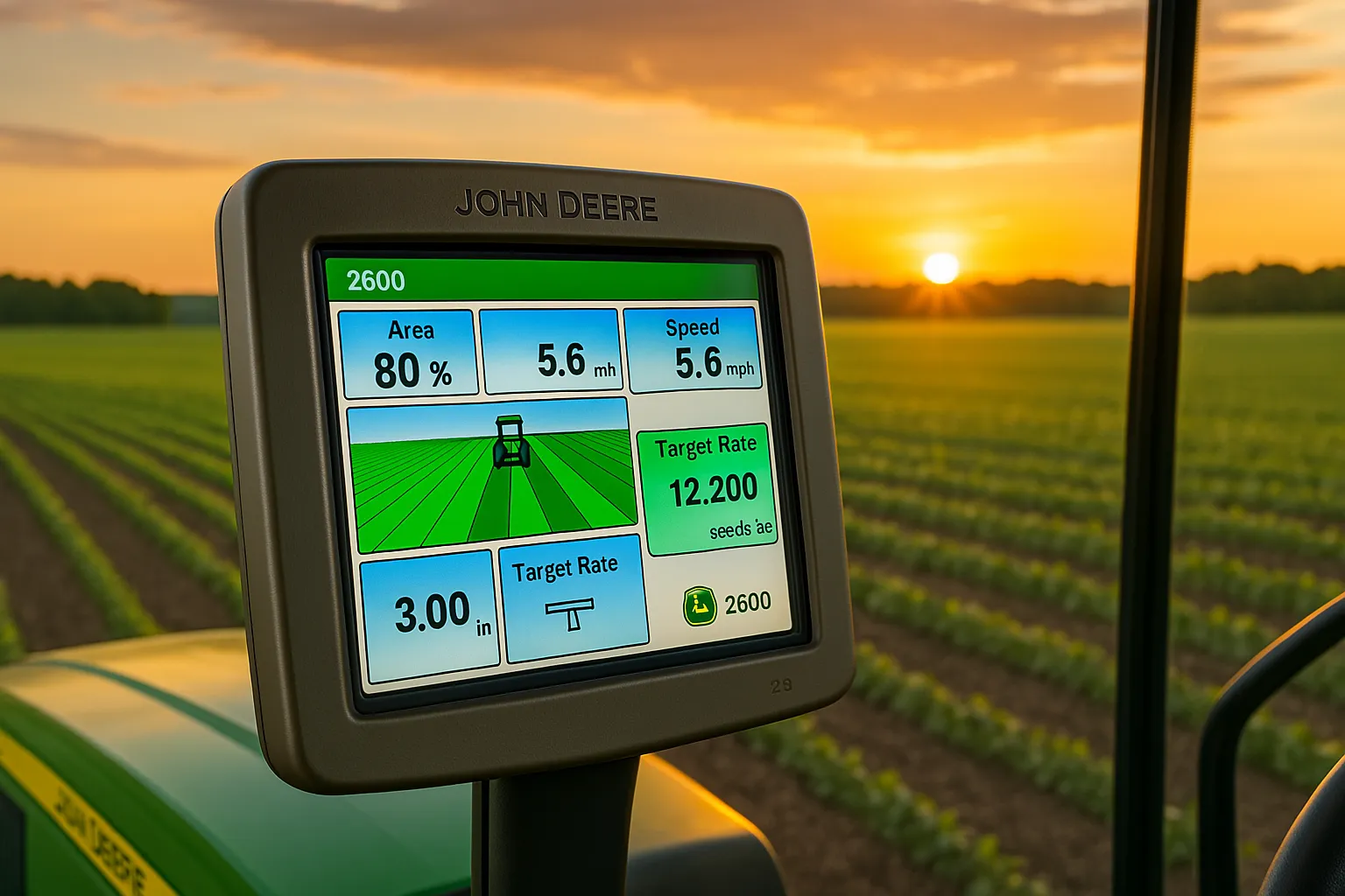 John Deere 2600 GreenStar Display in tractor cab showing agricultural data
