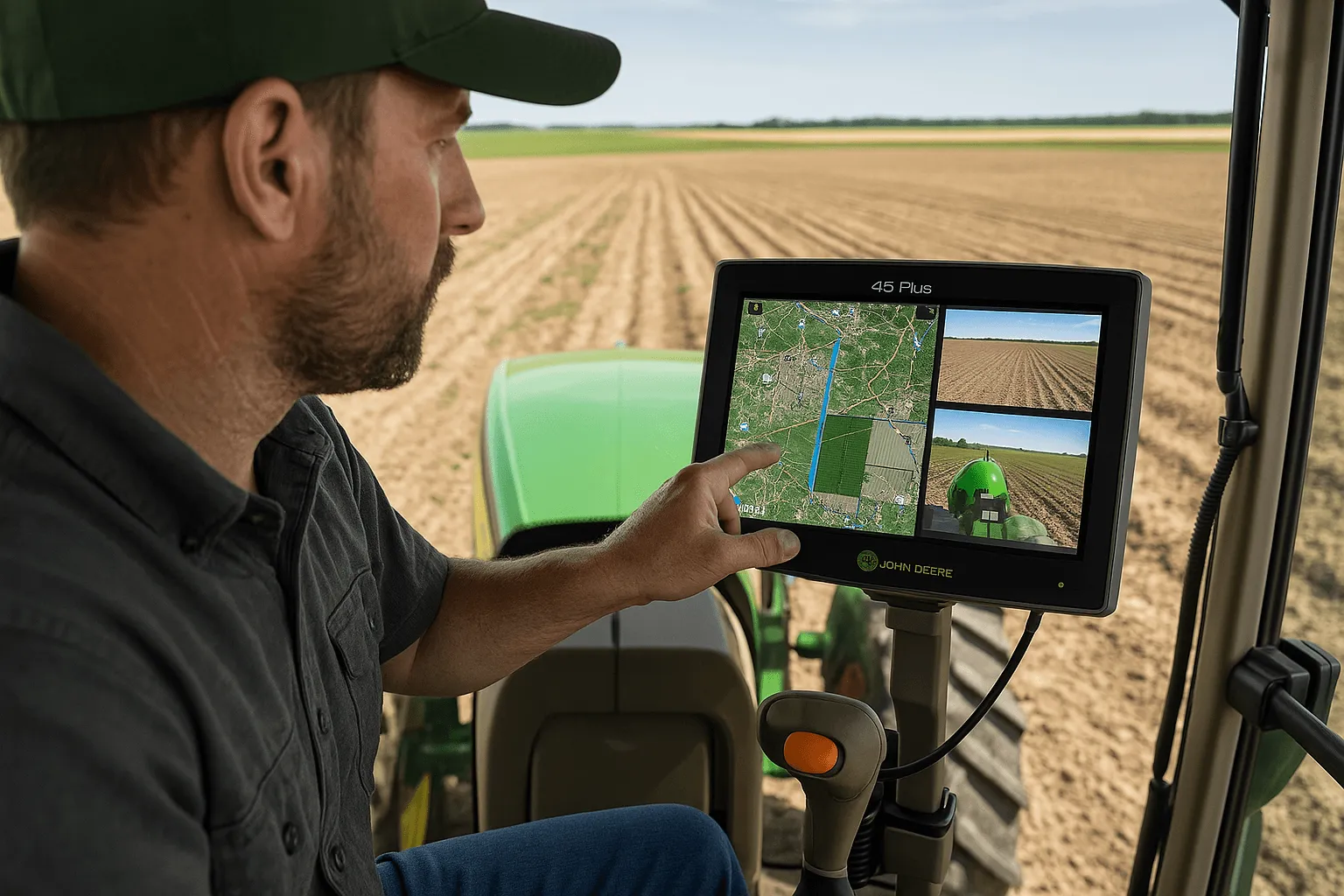 Farmer using John Deere G5 Plus with dual map views and camera feed