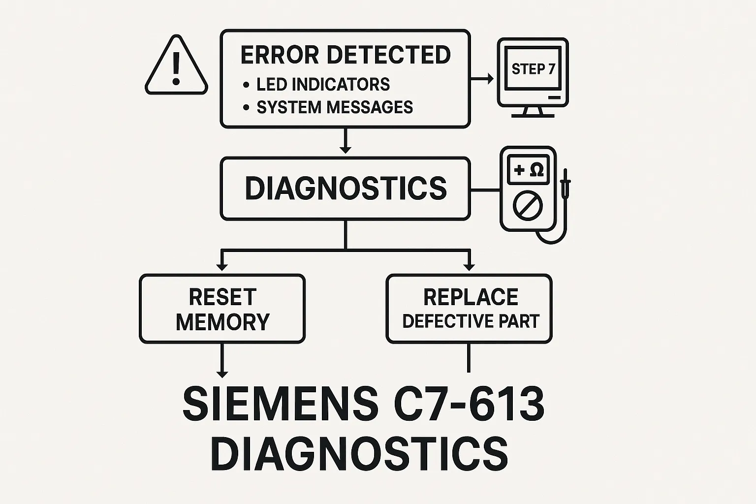 Flowchart for troubleshooting Siemens C7-613 diagnostics and error resolution