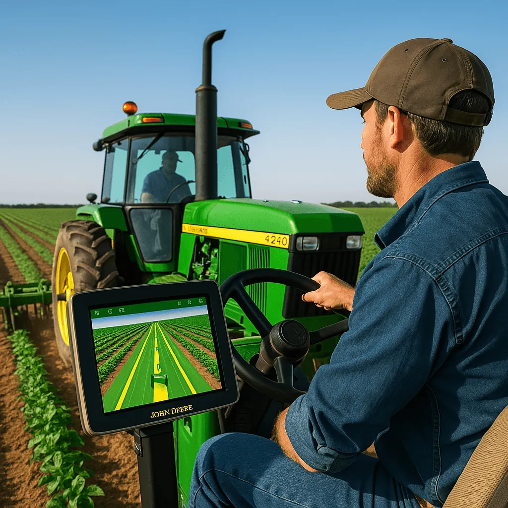 John Deere tractor in field with 4240 Display and GPS guidance