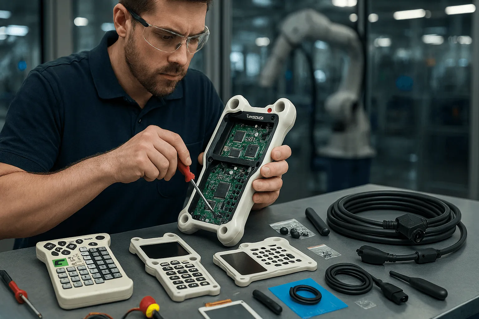 Technician performing maintenance on Kawasaki Teach Pendant with replacement parts