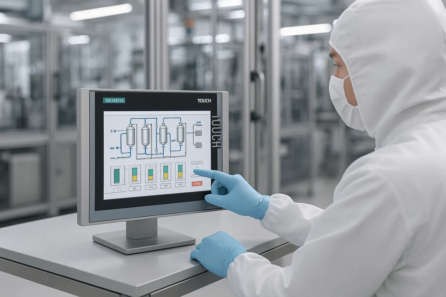 Siemens TP1200 Comfort HMI panel on industrial workstation