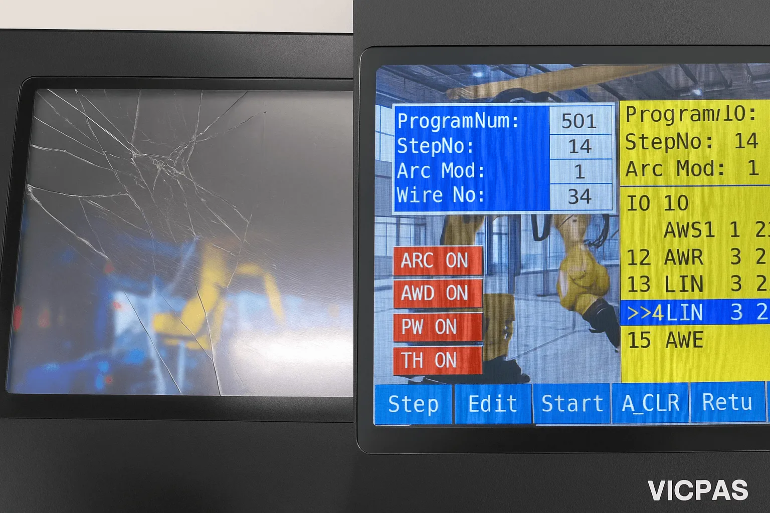 Comparison of cracked Panasonic Teach Pendant LCD versus Kernfix replacement