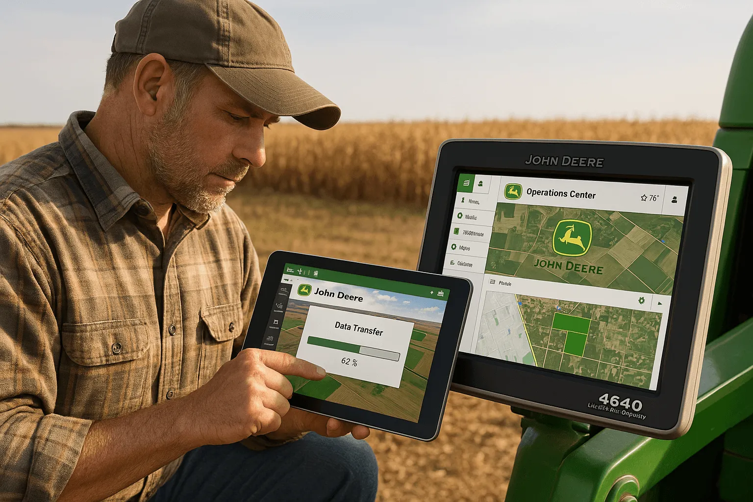 Farmer viewing John Deere Operations Center with 4640 data transfer