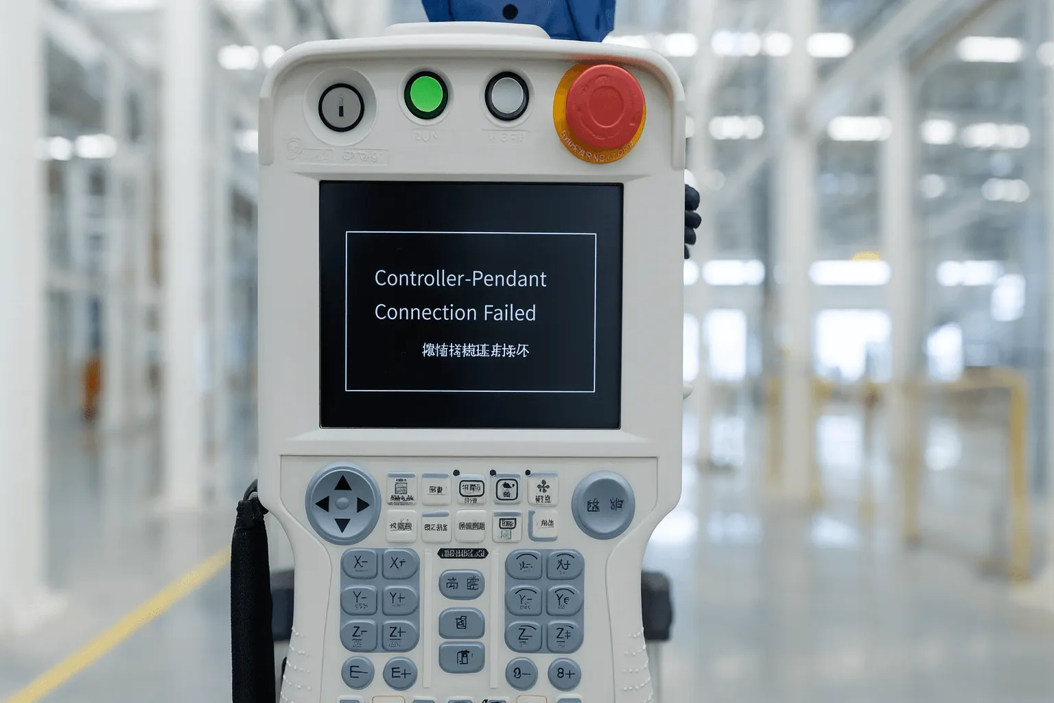 Yaskawa DX100 Teach Pendant displaying 'Controller-Pendant Connection Failed' error in industrial setting
