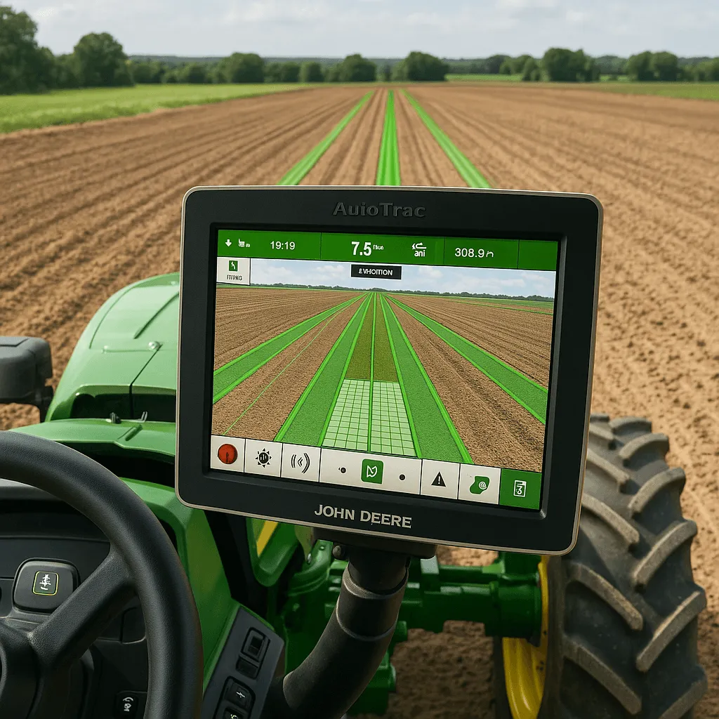 John Deere 4640 Universal Display showing AutoTrac interface in a tractor