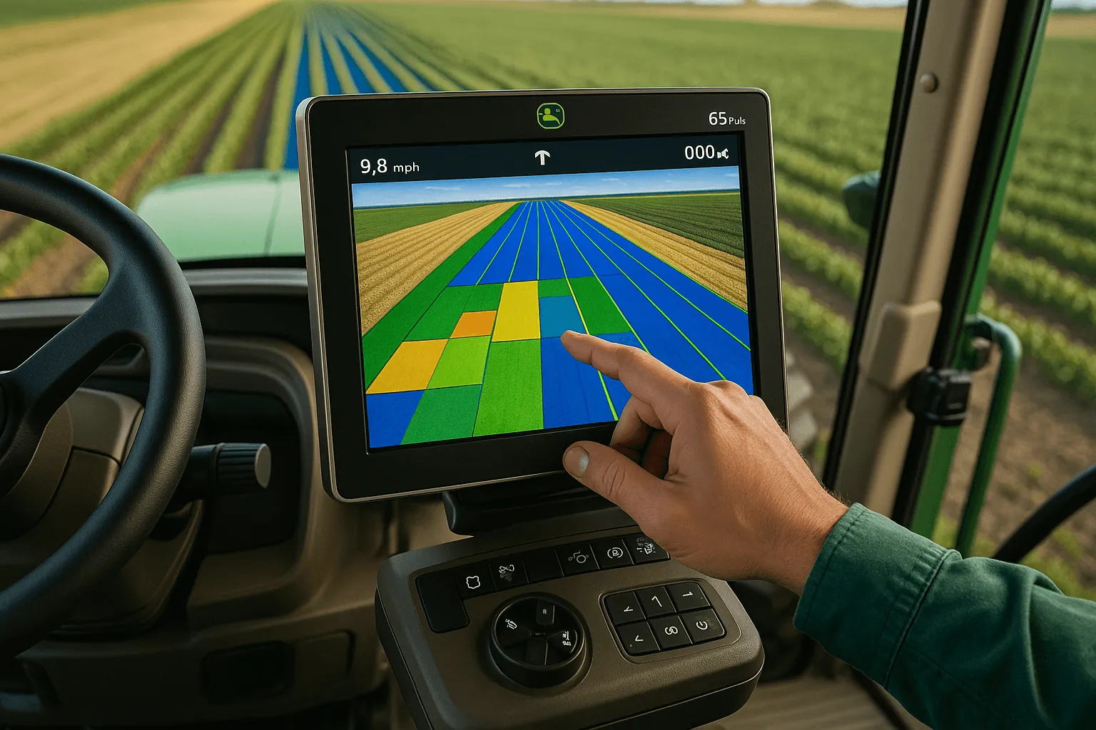 John Deere G5 Plus Universal Display in tractor cab showing field map