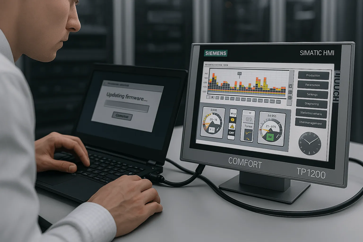 Technician updating firmware on TP1200 Comfort HMI panel