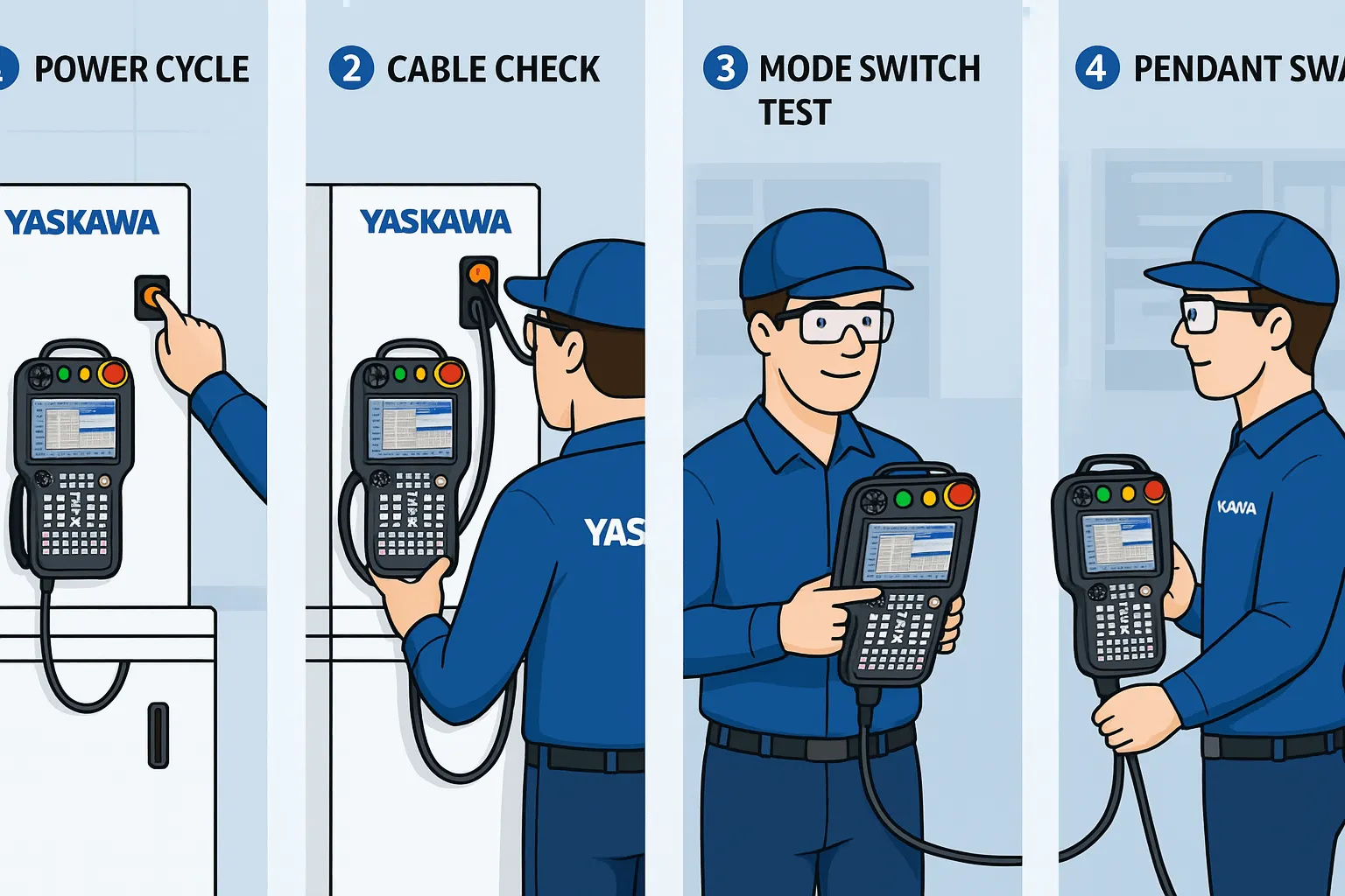 Infographic of Yaskawa YRC1000 Teach Pendant troubleshooting steps