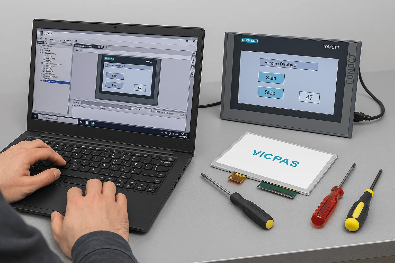 Technician troubleshooting TP1500 Comfort Panel with WinCC software