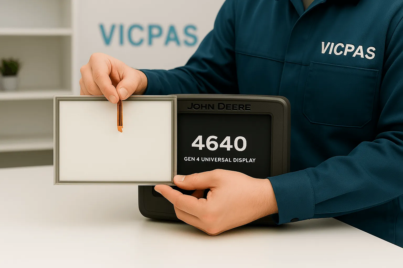 KernfixS technician installing a new touch screen on a John Deere 4640 Universal Display