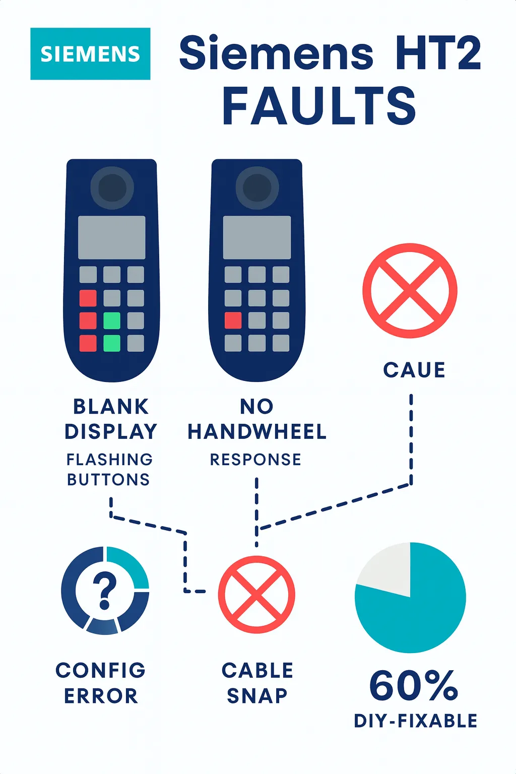Infographic illustrating common Siemens HT2 faults like blank display with flashing buttons, no handwheel response, config errors, cable issues, and 60% DIY-fixable rate