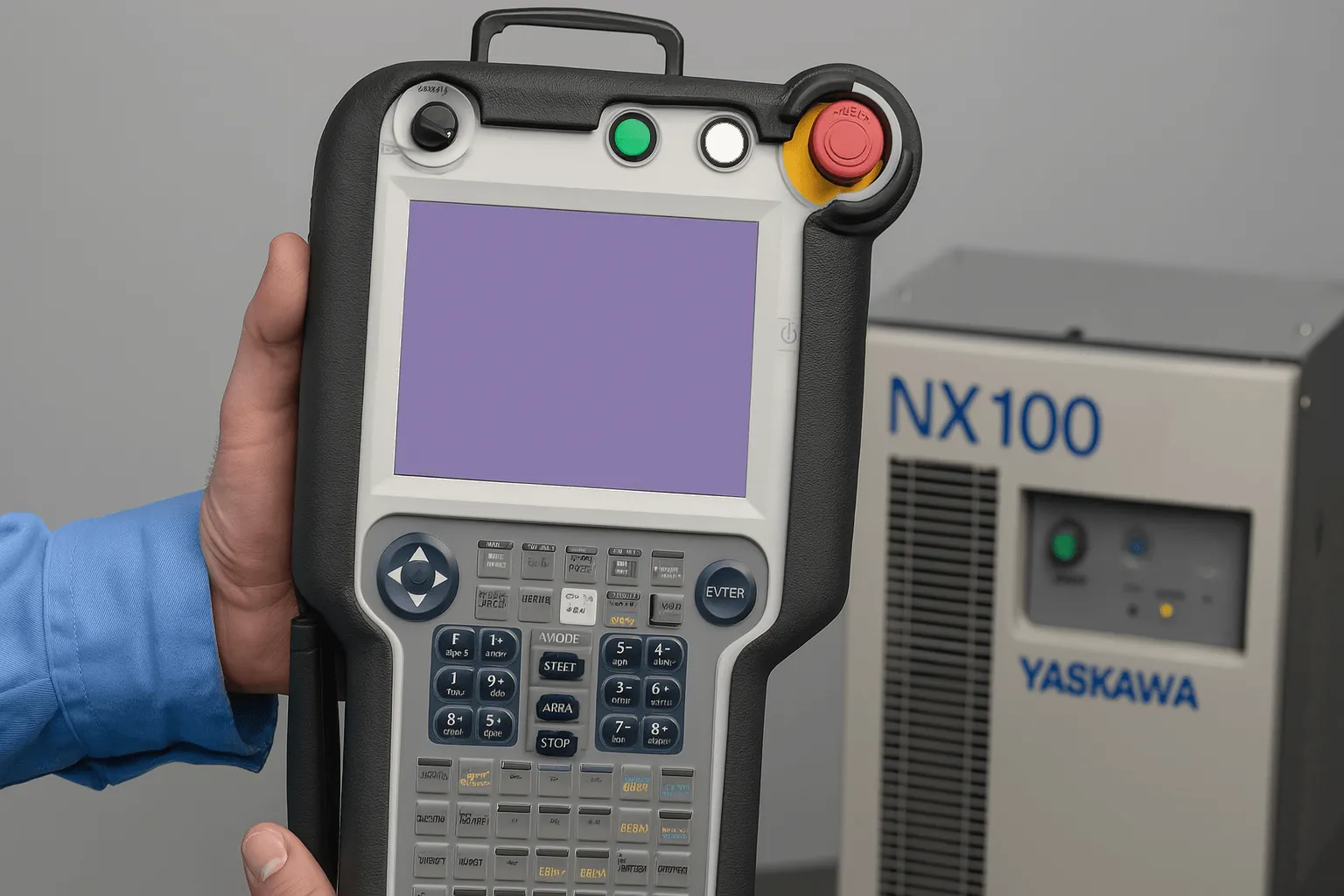 Yaskawa NX100 Teach Pendant held by technician with controller in background