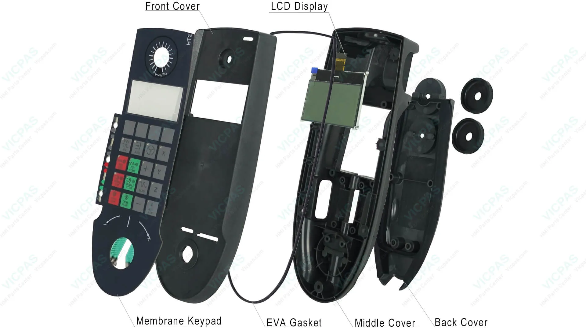 Exploded diagram highlighting key Siemens HT2 components: Front Cover, LCD Display, Membrane Keypad, EVA Gasket, Middle Cover, and Back Cover