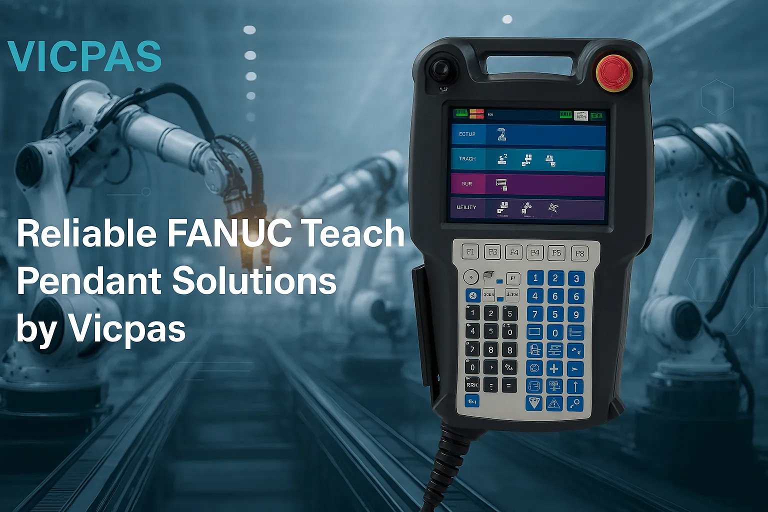 Kernfix banner with FANUC Teach Pendant and robotic arms