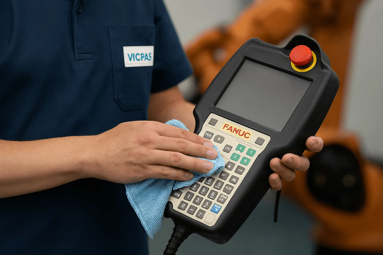 Technician cleaning FANUC Teach Pendant buttons