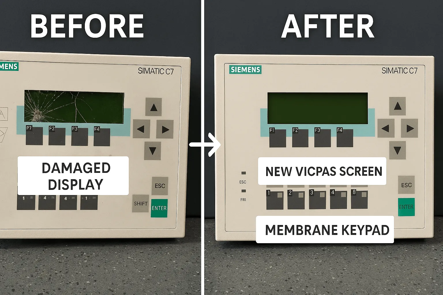 Before and after comparison of Siemens C7-613 display repair with KernfixS parts