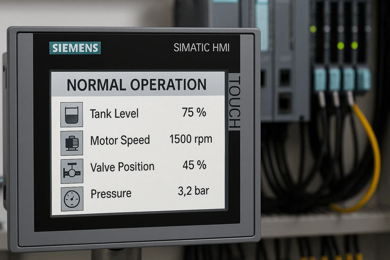 Siemens KTP400 HMI panel displaying operational screen