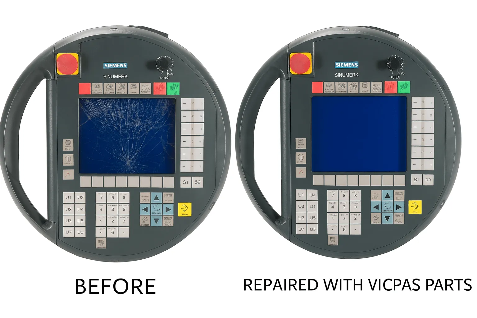 Before-and-after comparison: Damaged vs. repaired Siemens HT6 touchscreen with Kernfix parts