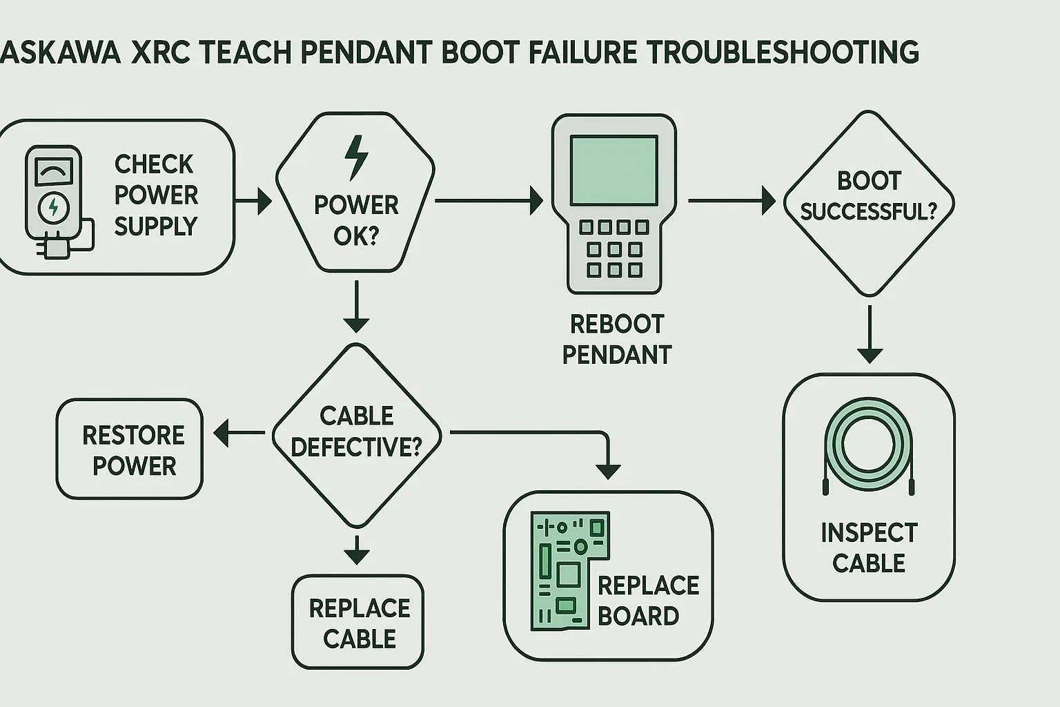 Infographic table of Yaskawa XRC error codes with icons for power, battery, and fan issues, clean blue and white color scheme matching Yaskawa branding, vector style for web readability.