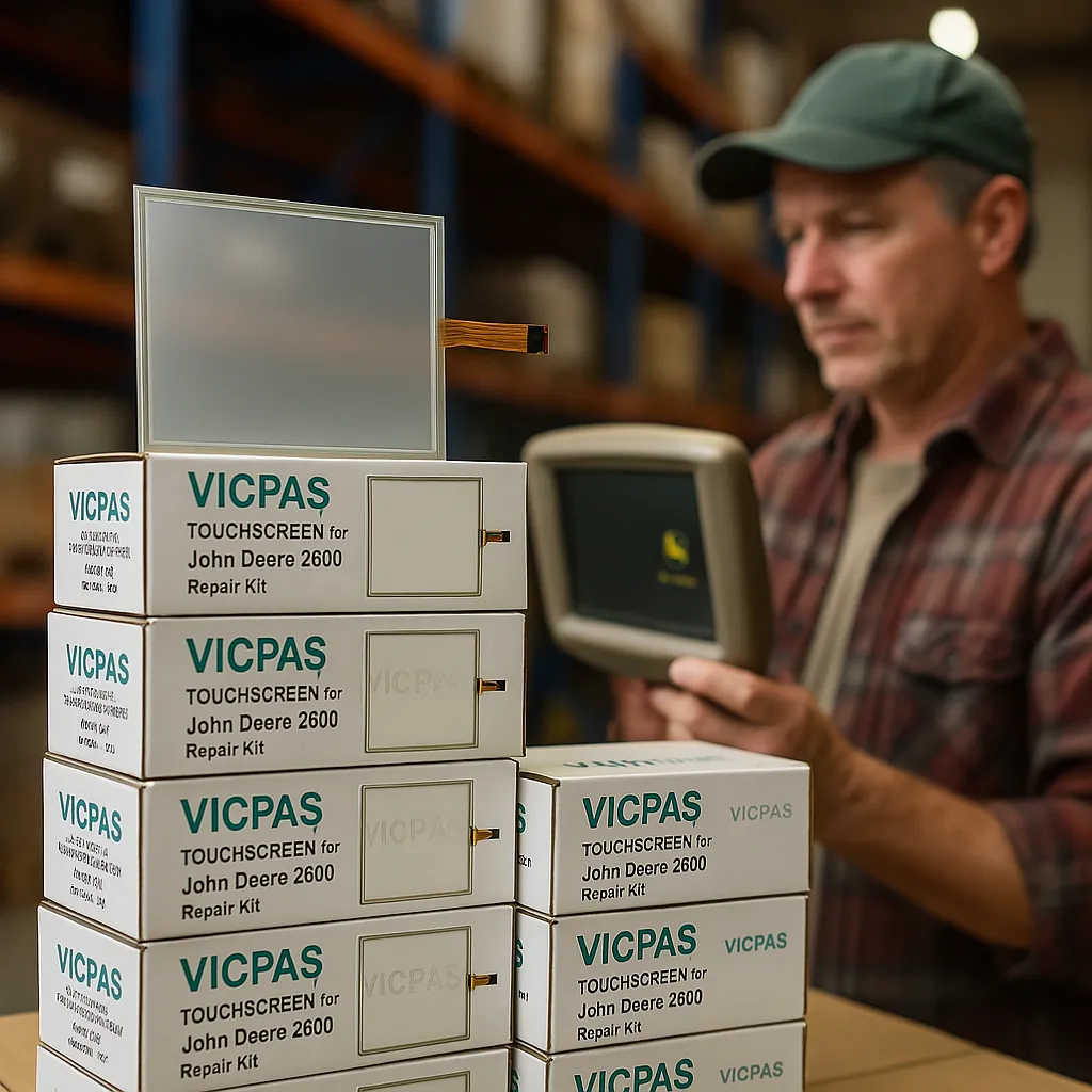 Kernfix-branded John Deere 2600 touchscreen repair kits in a warehouse