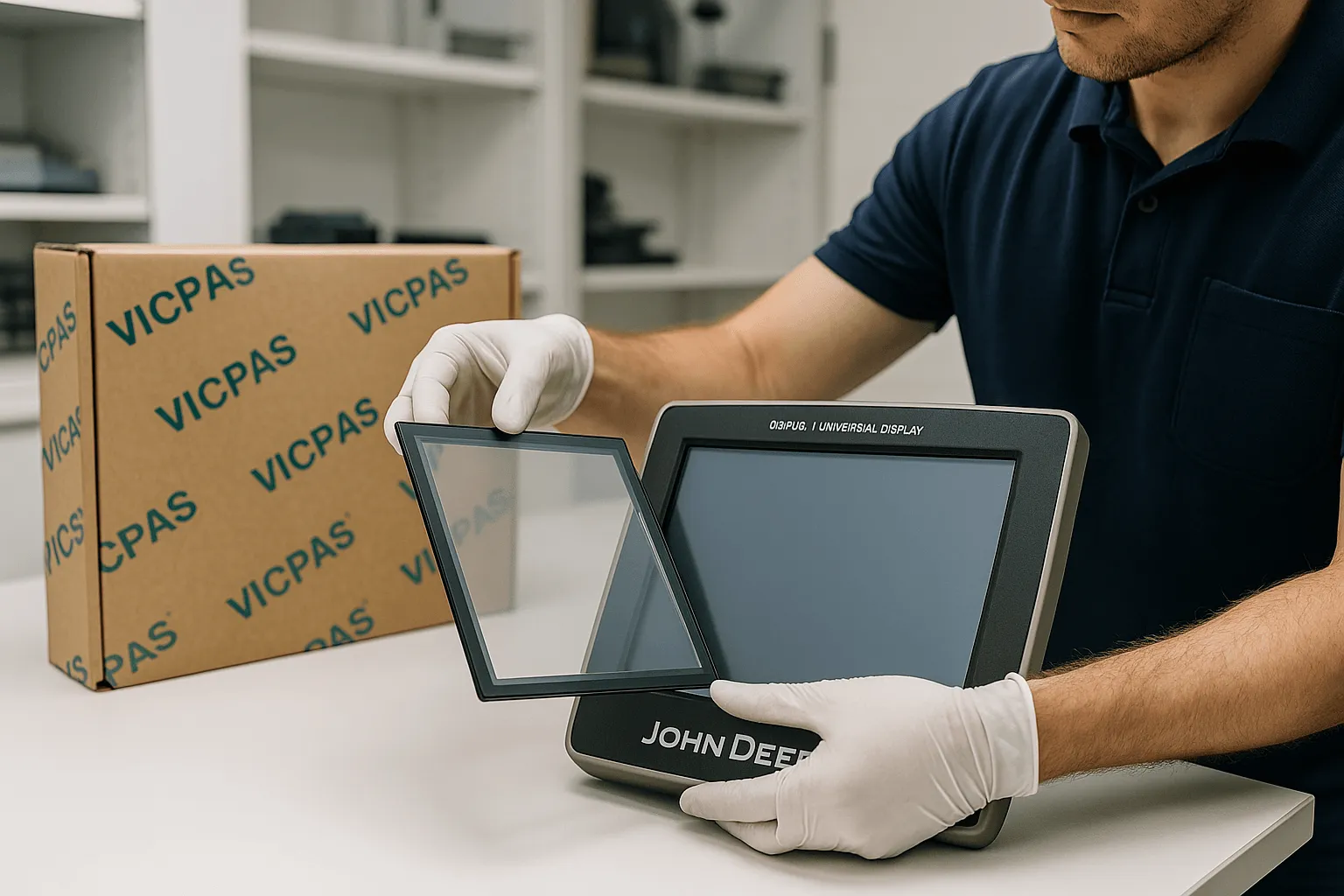 Farmer using John Deere G5 Plus Universal Display with mixed fleet