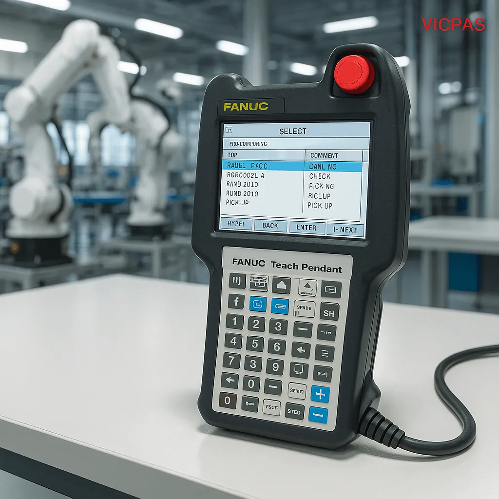 FANUC Teach Pendant on factory workbench with robotic arms