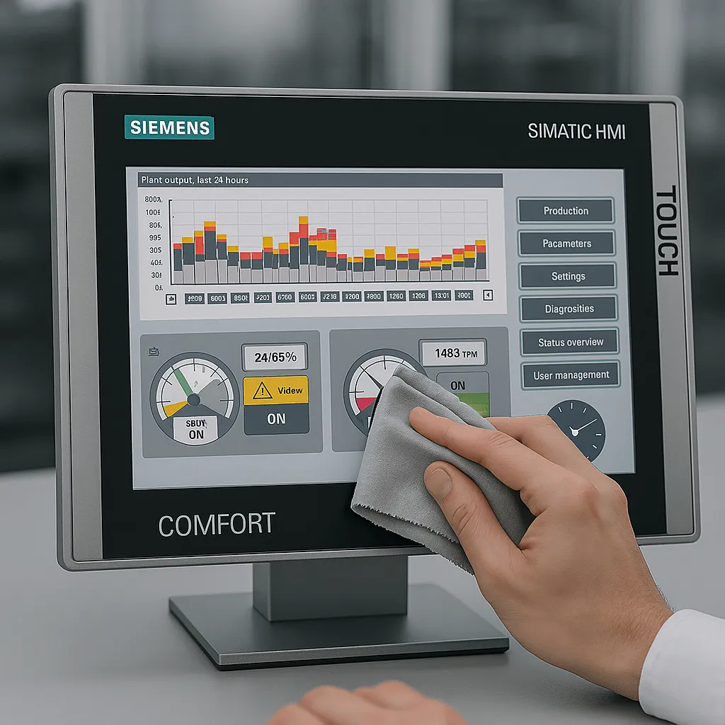 Technician cleaning TP1200 Comfort touchscreen