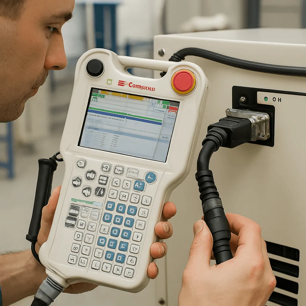 Technician inspecting Kawasaki Teach Pendant cable in industrial workshop