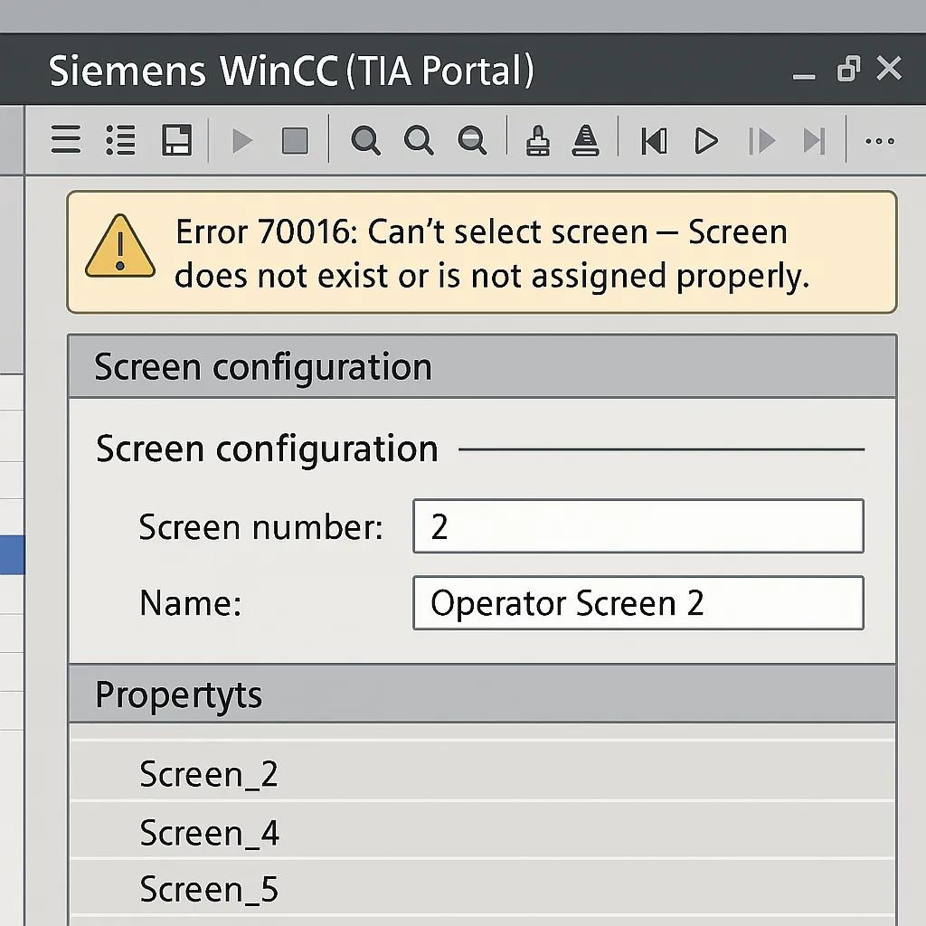 TIA Portal screen configuration interface showing screen number assignment to avoid TP900 Comfort error 70016