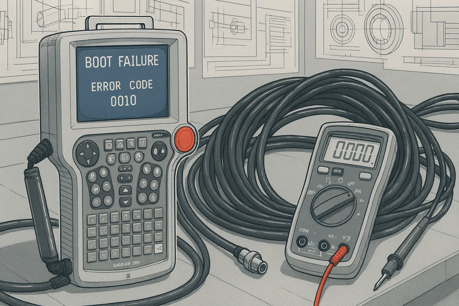 Yaskawa XRC Teach Pendant displaying boot failure screen with error code 0010